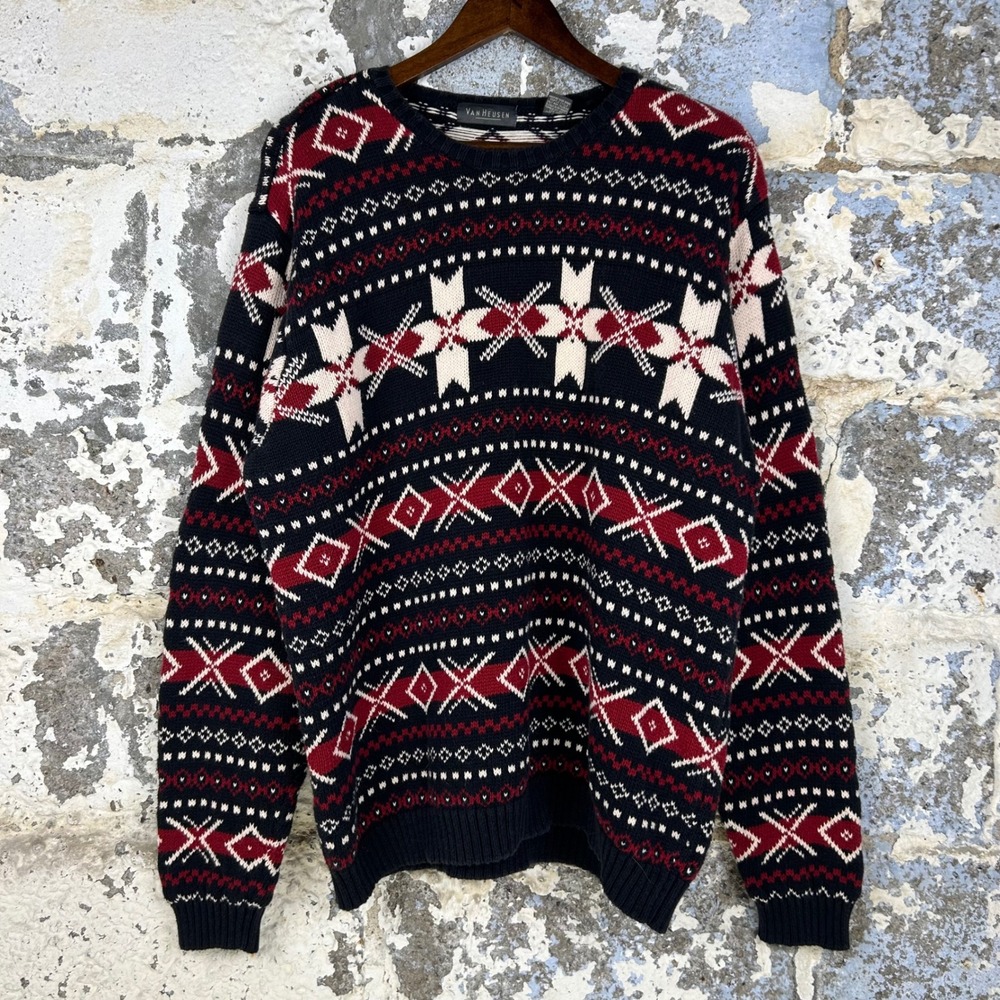 Y2K Van Heusen Fair Isle Ramie Sweater Nordic Heavy Knit Pullover Mens XL